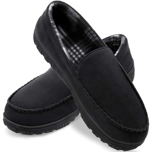 shoeslocker Men's Moccasin Slippers, Indoor Outdoor House Shoes with Memory Foam, Black Size 13 - Image 1