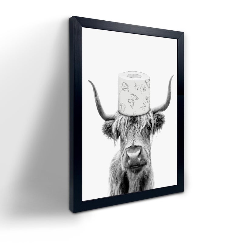 YongArt Toilet Paper On Head,Black Framed Funny Animal Prints, Vintage Black and White Rustic Style Cute Bathroom Cow Canvas Art Poster for Bathroom Restroom Decoration, Farmhouse Wall Decor - Image 1