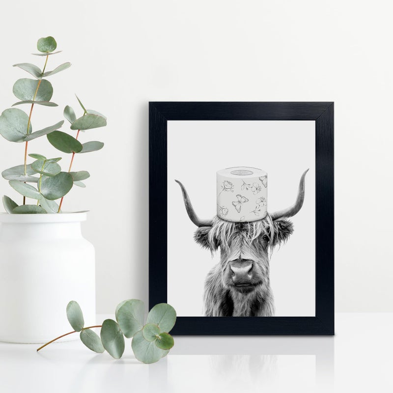 YongArt Toilet Paper On Head,Black Framed Funny Animal Prints, Vintage Black and White Rustic Style Cute Bathroom Cow Canvas Art Poster for Bathroom Restroom Decoration, Farmhouse Wall Decor - Image 4