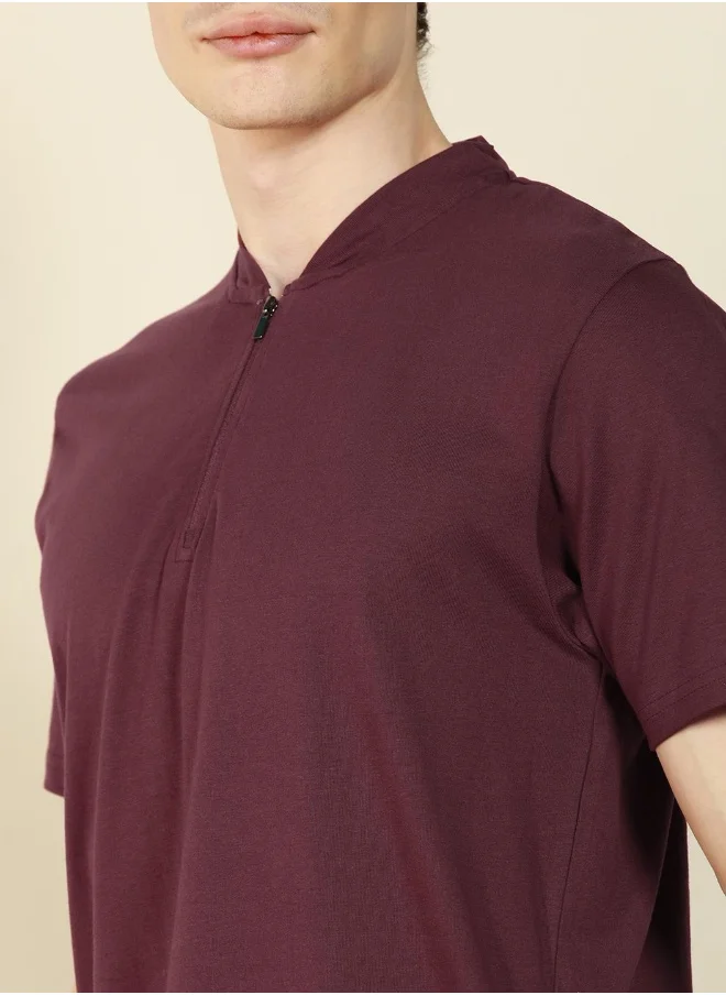 دينيس لينغو Regular Fit Wine Cotton Henley Neck T-Shirt