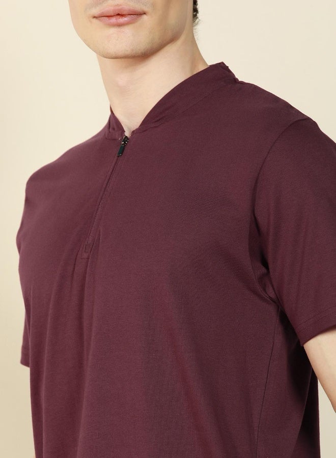Dennis Lingo Regular Fit Wine Cotton Henley Neck T-Shirt  - Image 3
