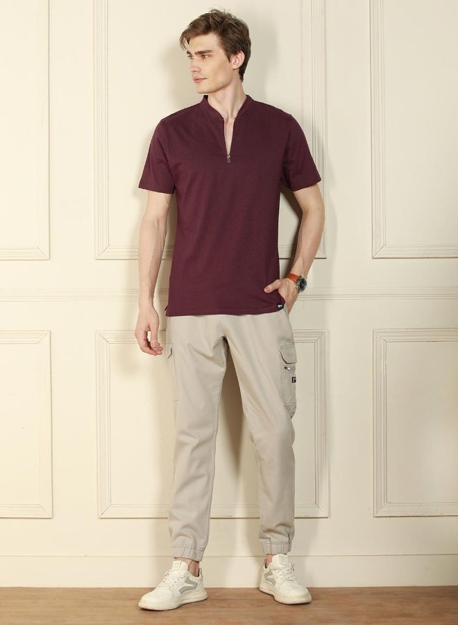 Dennis Lingo Regular Fit Wine Cotton Henley Neck T-Shirt  - Image 1
