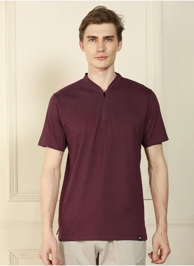دينيس لينغو Regular Fit Wine Cotton Henley Neck T-Shirt
