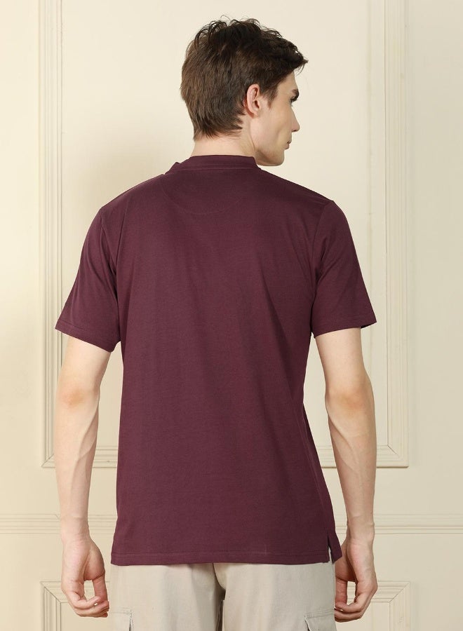 Dennis Lingo Regular Fit Wine Cotton Henley Neck T-Shirt  - Image 2