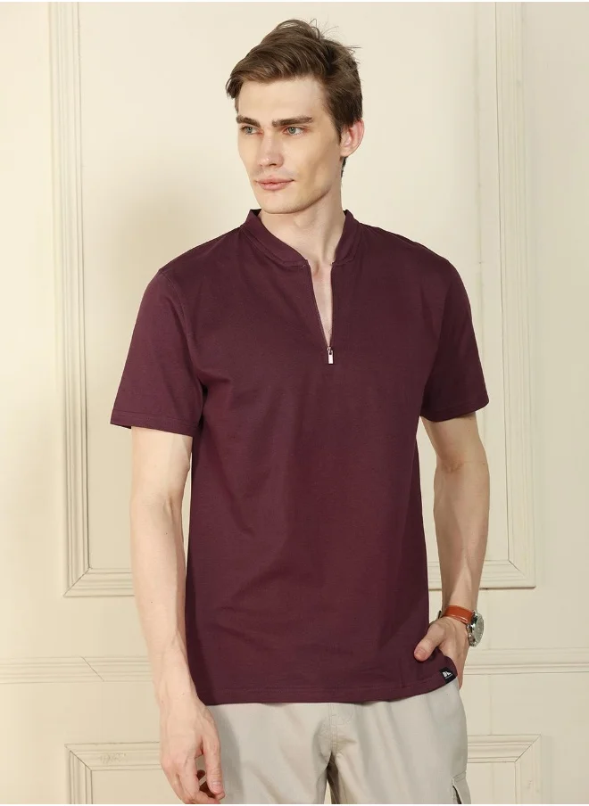 دينيس لينغو Regular Fit Wine Cotton Henley Neck T-Shirt