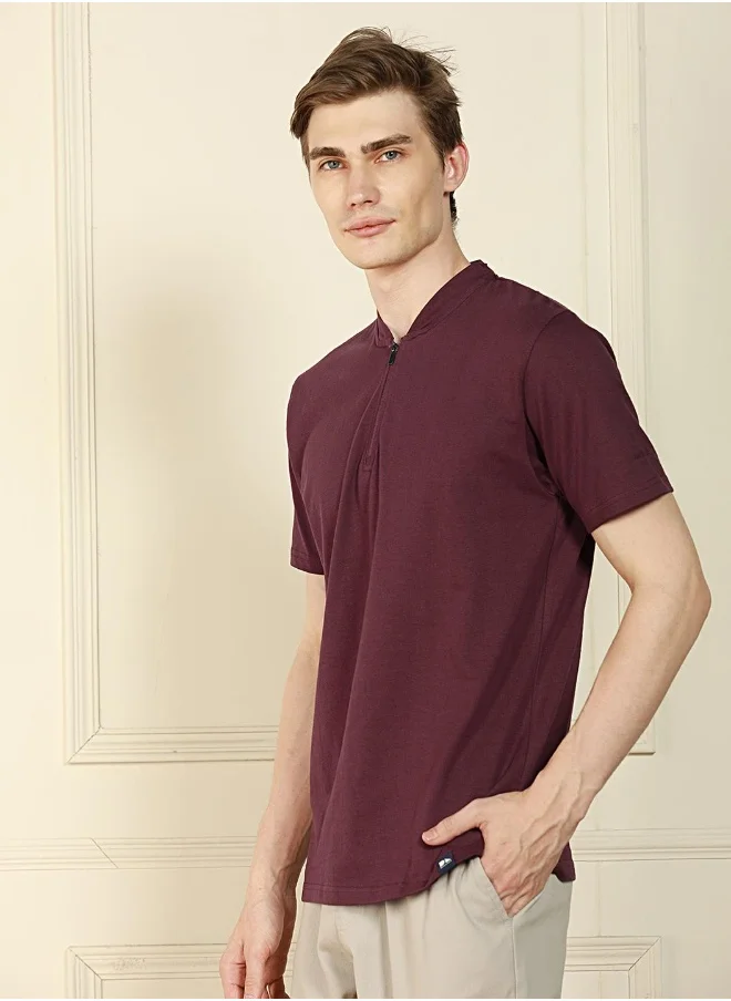 دينيس لينغو Regular Fit Wine Cotton Henley Neck T-Shirt