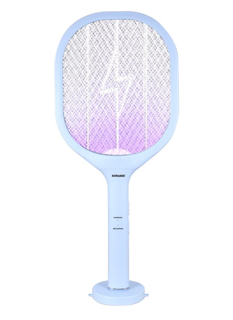 Rechargeable Mosquito Swatter - 500mAh Li-Ion Battery with High Power | Charging 1.5 Hrs with Light Indicator | Mosquito Bat with UV Light, Hanging Hook and Stand Base | Perfect for Indoor and Outdoor SMR-222U Blue
