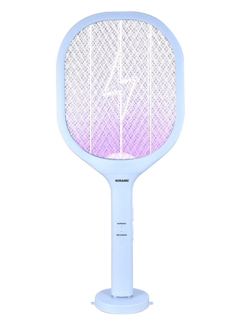 SONASHI Rechargeable Mosquito Swatter - 500mAh Li-Ion Battery with High Power | Charging 1.5 Hrs with Light Indicator | Mosquito Bat with UV Light, Hanging Hook and Stand Base | Perfect for Indoor and Outdoor SMR-222U Blue  - Image 1
