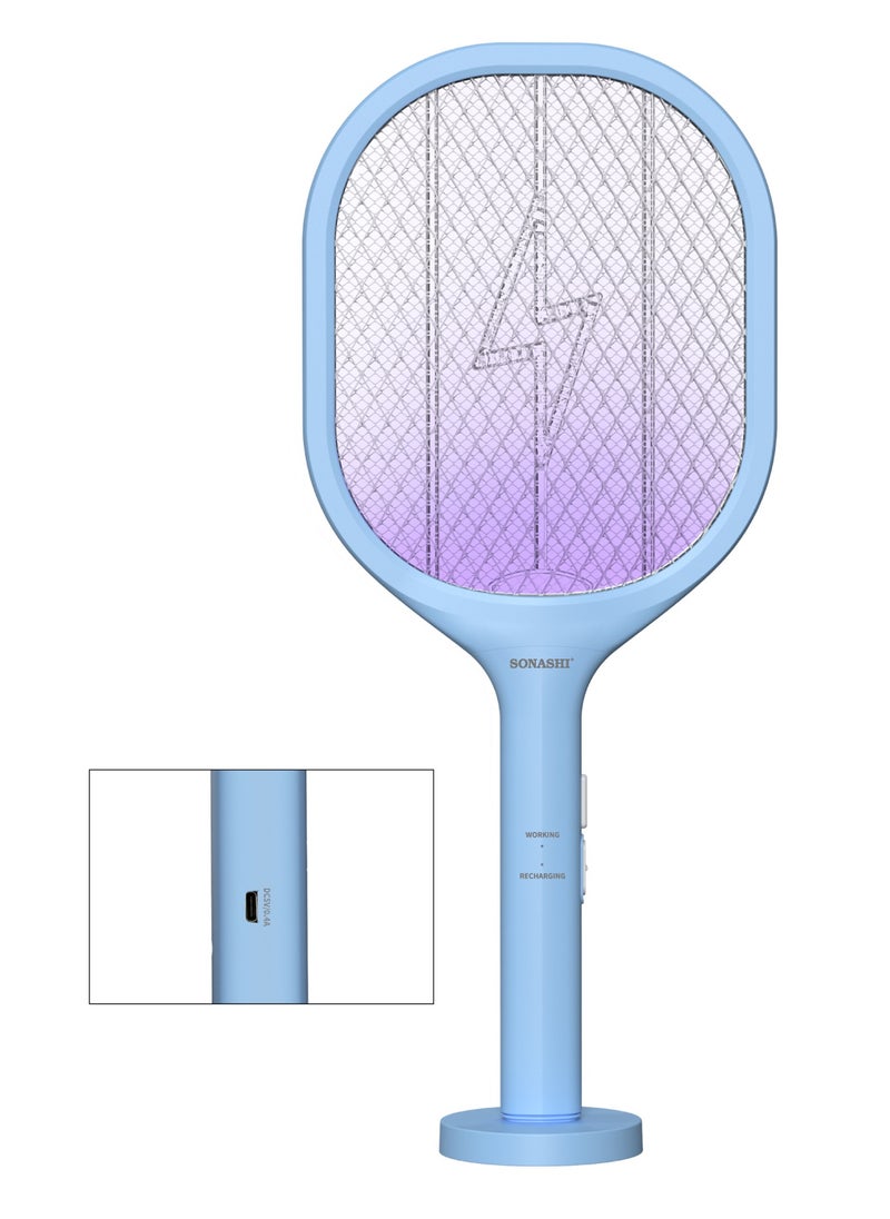 SONASHI Rechargeable Mosquito Swatter - 500mAh Li-Ion Battery with High Power | Charging 1.5 Hrs with Light Indicator | Mosquito Bat with UV Light, Hanging Hook and Stand Base | Perfect for Indoor and Outdoor SMR-222U Blue  - Image 2