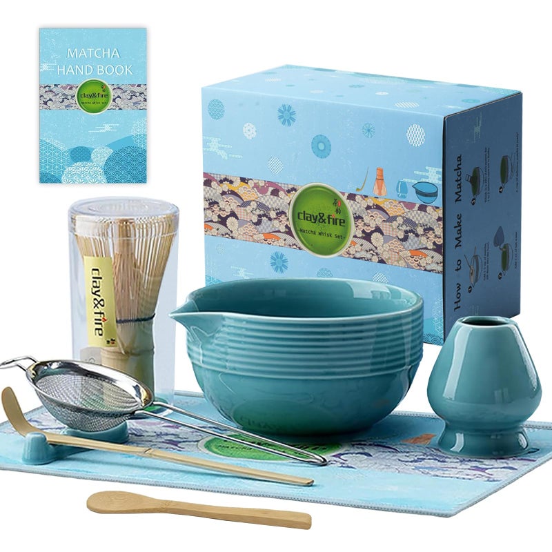 Clay&Fire ClayFire Matcha Whisk Set Ceramic Matcha Set Matcha Bowl with Spout and Whisk 9 pcs Matcha Tea Kit for Matcha Lovers Ideal Gift Christmas Birthday Blue - Image 2