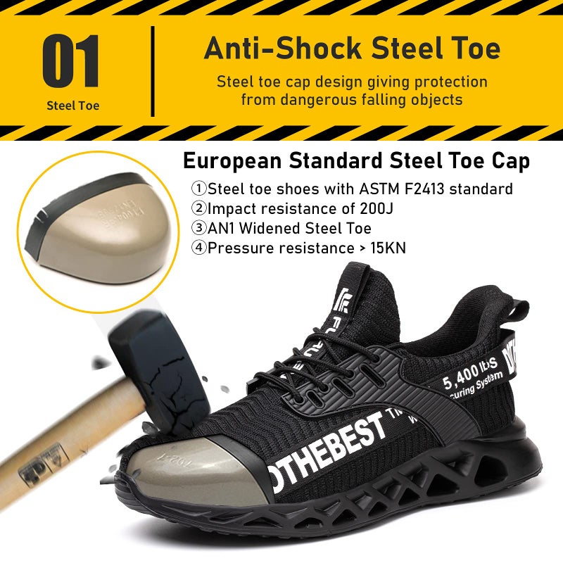 Furuian Safety Shoes Men Women Lightweight Work Shoes Men Sporty Breathable Trainers with Steel Toe Cap Non-Slip Fitness Trainers, black, 43 EU - Image 2