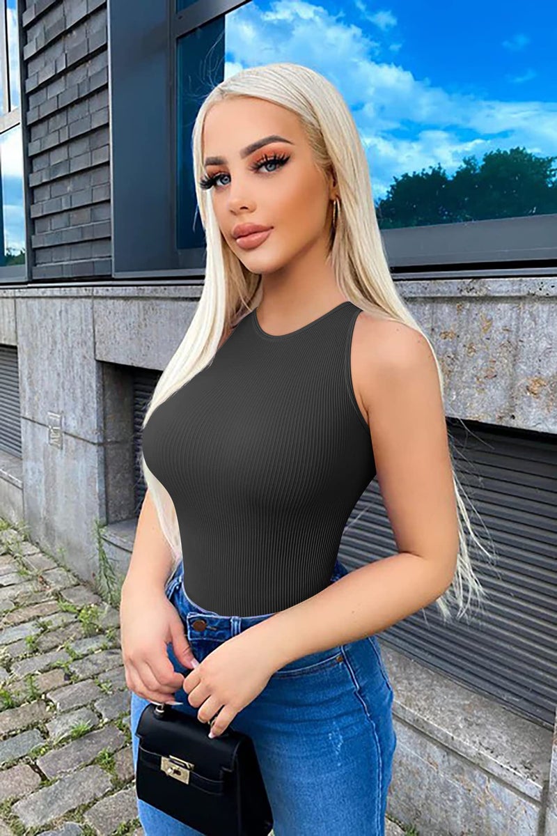 OQQ Women's 3 Piece Bodysuits Sexy Ribbed One Piece Sleeveless Halter Neck Tops Leotard Summer Trendy Black Coffee Beige - Image 2