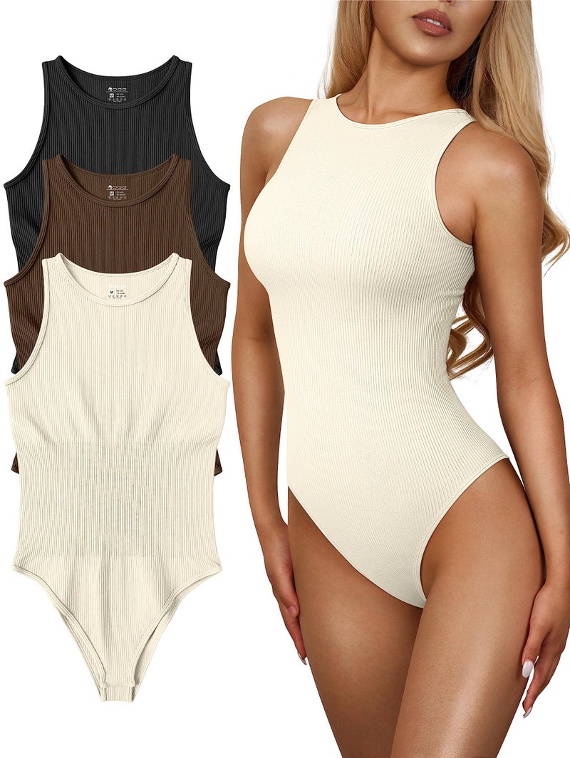 OQQ Women's 3 Piece Bodysuits Sexy Ribbed One Piece Sleeveless Halter Neck Tops Leotard Summer Trendy Black Coffee Beige - Image 1