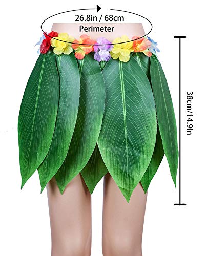 PIXHOTUL Leaf Hula Skirt and Hibiscus Leis Set Hawaiian Costumes for Beach Luau Party (Color 1) - Image 2
