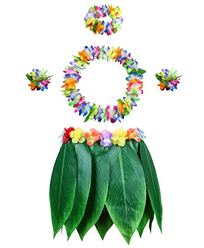 PIXHOTUL Leaf Hula Skirt and Hibiscus Leis Set Hawaiian Costumes for Beach Luau Party (Color 1) - Image 1