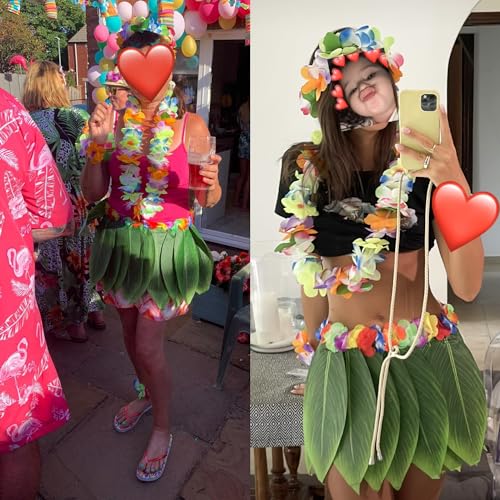 PIXHOTUL Leaf Hula Skirt and Hibiscus Leis Set Hawaiian Costumes for Beach Luau Party (Color 1) - Image 5