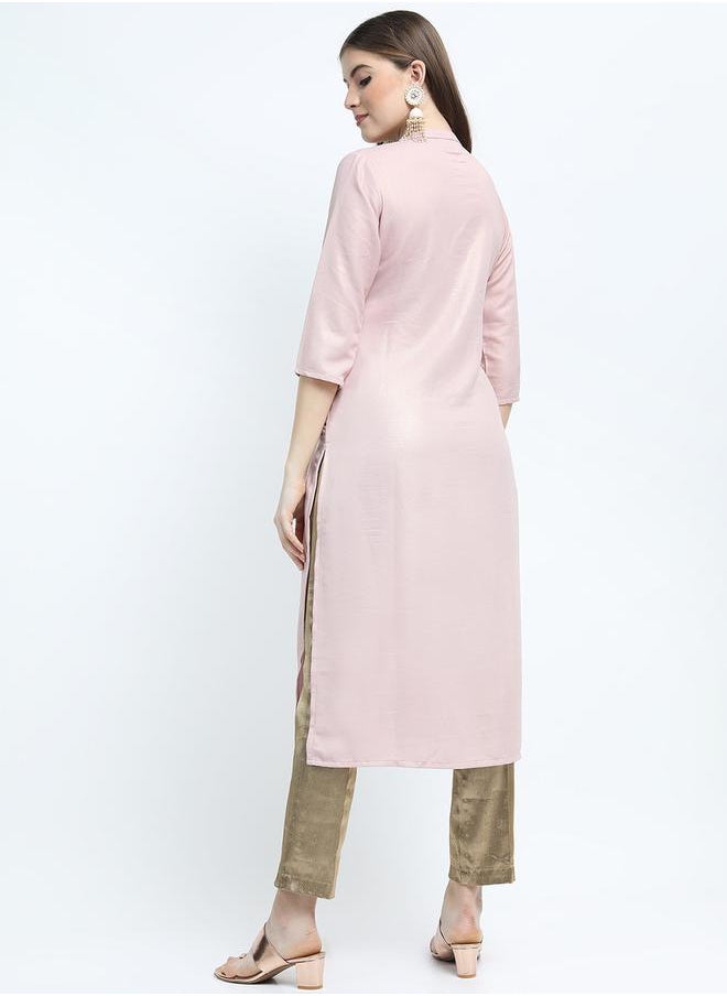 Vishudh - Women Pink Solid Straight Kurta by Styli - Image 1