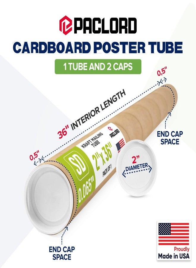 Paclord 2" x 36" Reinforced Kraft Paper Mailing Tube, Pack of 1 Tube with 2 Caps – Secure USPS Approved Poster Tube – Made in USA Cardboard Tube for Shipping and Storing Posters, Prints, Artwork - Image 2