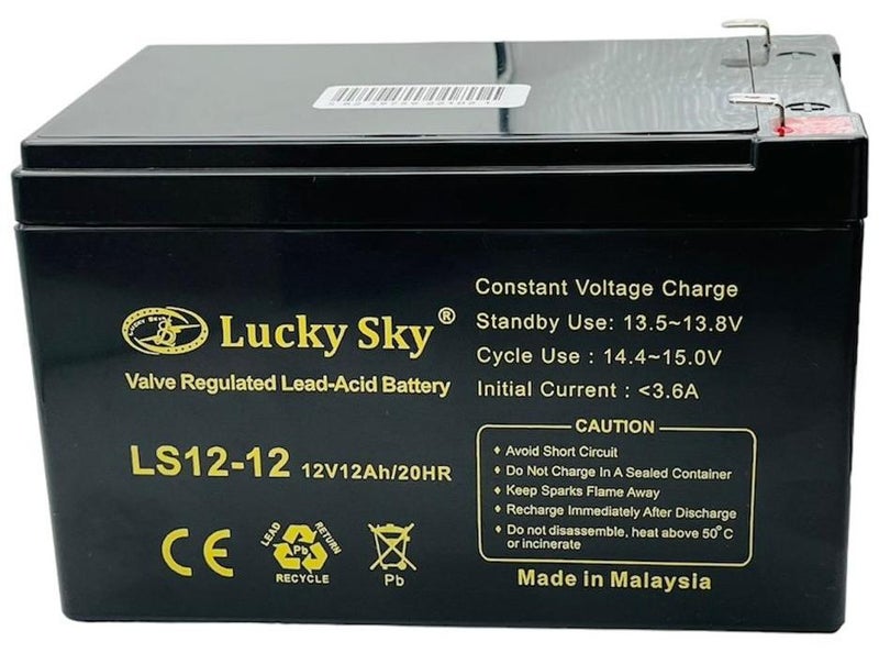 Lucky Sky بطارية حمض الرصاص مختومة قابلة لإعادة الشحن 12 فولت 12 أمبير – سعة عالية، خالية من الصيانة، طويلة العمر – مثالية لـ UPS، الكراسي المتحركة الكهربائية، أنظمة الطوارئ والطاقة الشمسية - Image 1