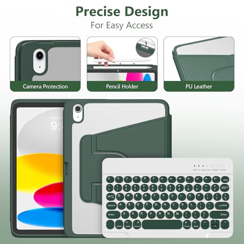besky Keyboard case for iPad A16 11th 10th Generation 11/10.9 inch, Detachable Keypad，360 Rotatable Magnetic Cover with Pencil Holder for iPad 11 2025 10 Gen 2022 - Dark Green - Image 5