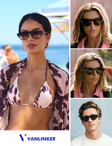 VANLINKER Retro Small Oval Sunglasses for Women Men Trendy Narrow Round Cateye Shades VL9915,Brown - Image 3