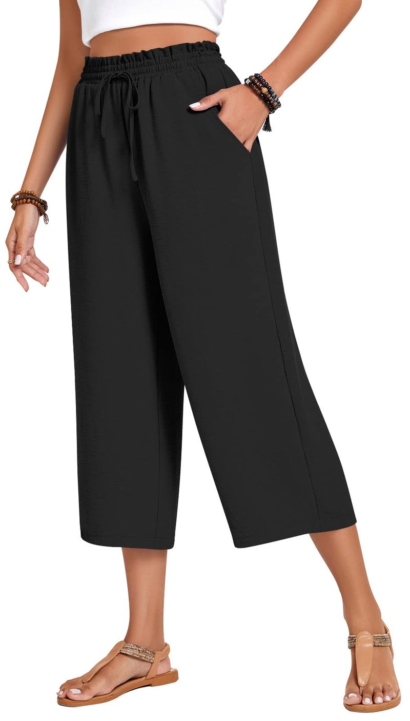 Anyhold Womens Capri Pants Loose High Waisted Wide Leg Lounge Pants Drawstring Casual Palazzo Trousers with Pockets X-Large, Black - Image 1