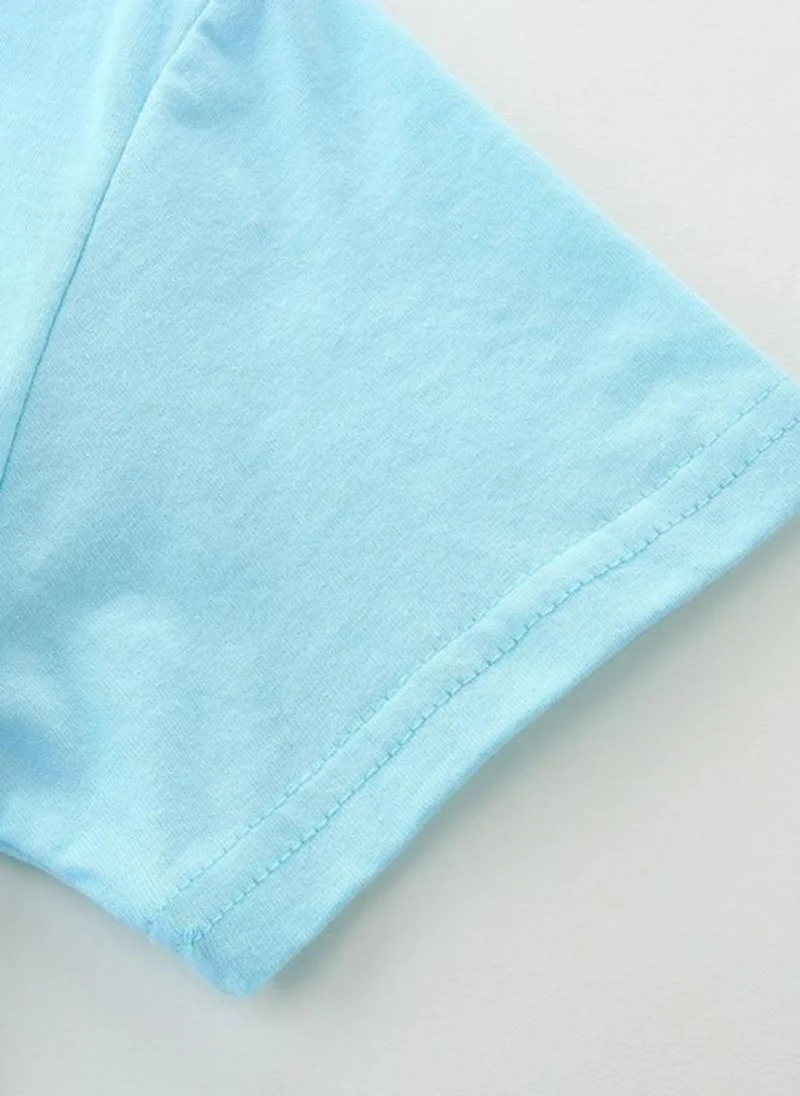 YUNIQEE Turquoise Blue Printed Solid Round Neck Cotton T-shirt
