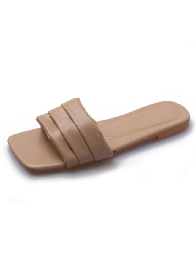 Rup Art Women’s PU Leather Beach Slippers – Square Open Toe Slide Sandals, Comfortable Slip-On Flat Summer Footwear