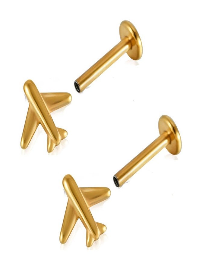 Cykdohy 16G Airplane Cartilage Tragus Tiny Earring for Women Men Stainless Steel Minimalist Small Internally Threaded Helix Conch Flatback Fly Plane Airline Studs Screw Ear Body Piercing Travel Jewelry 8mm (Gold) - Image 1