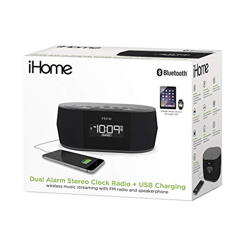iHome ساعة iHome اللاسلكية بلوتوث ستيريو، راديو منبه مزدوج بتردد FM، شحن USB، منبه لغرف النوم، منبه، إلغاء صدى الصوت، مكبرات صوت مزدوجة، صوت عالي الجودة، احتياطي بطارية، عرض، أسود، رقم الموديل: iBT38G أسود - Image 5