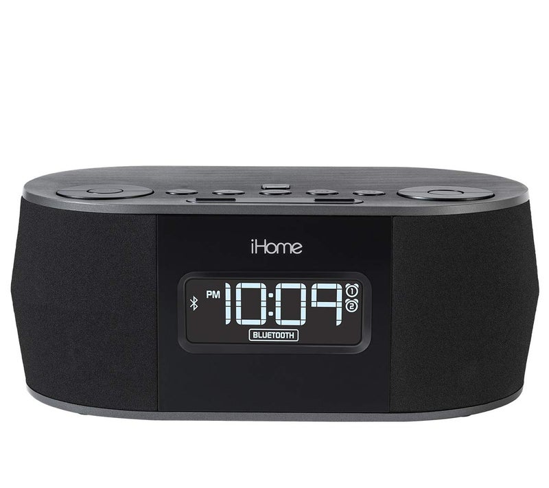 iHome ساعة iHome اللاسلكية بلوتوث ستيريو، راديو منبه مزدوج بتردد FM، شحن USB، منبه لغرف النوم، منبه، إلغاء صدى الصوت، مكبرات صوت مزدوجة، صوت عالي الجودة، احتياطي بطارية، عرض، أسود، رقم الموديل: iBT38G أسود - Image 1