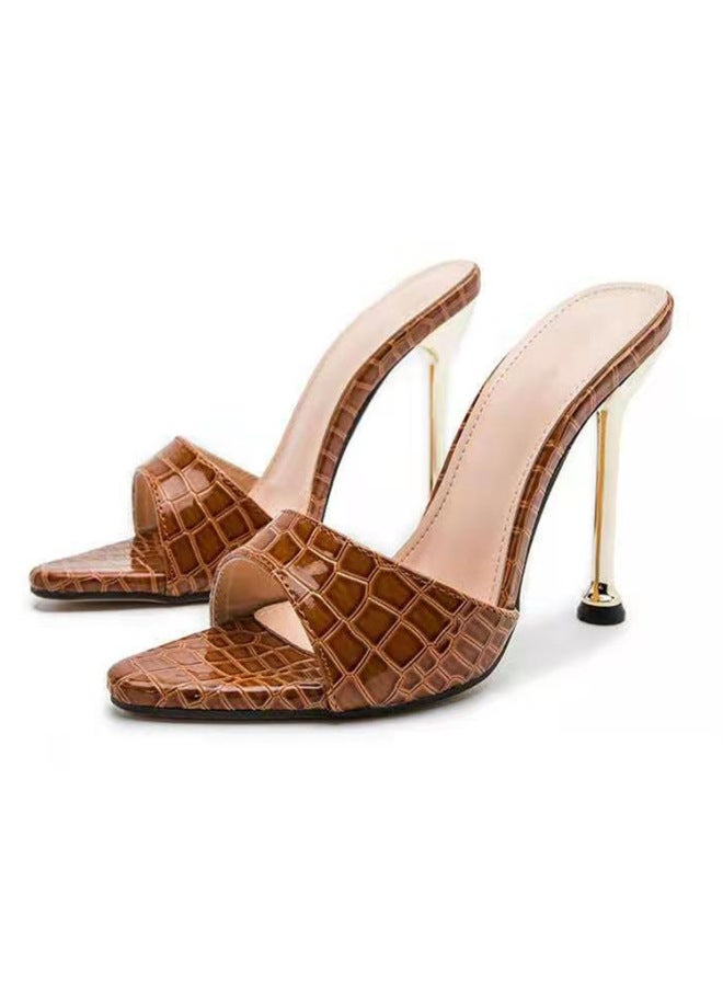 New European And American Snakeskin Pointed Stiletto Heel Sandals Simple Solid Color Plus Size Banquet Shoes