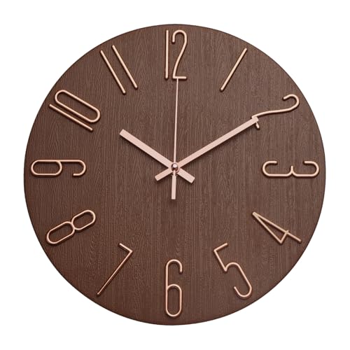 bakbrand Wall Clock 12 Inch Silent Non-Ticking Imitation Wood Indoor Clock Round Brown Decor Clock Modern 3D Figures Quartz Wall Clocks for Home, Hotel, Office, School - Image 1