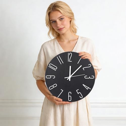 bakbrand Wall Clock 12 Inch Silent Non-Ticking Imitation Wood Indoor Clock Round Brown Decor Clock Modern 3D Figures Quartz Wall Clocks for Home, Hotel, Office, School - Image 3