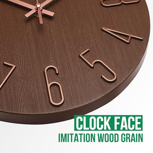 bakbrand Wall Clock 12 Inch Silent Non-Ticking Imitation Wood Indoor Clock Round Brown Decor Clock Modern 3D Figures Quartz Wall Clocks for Home, Hotel, Office, School - Image 5