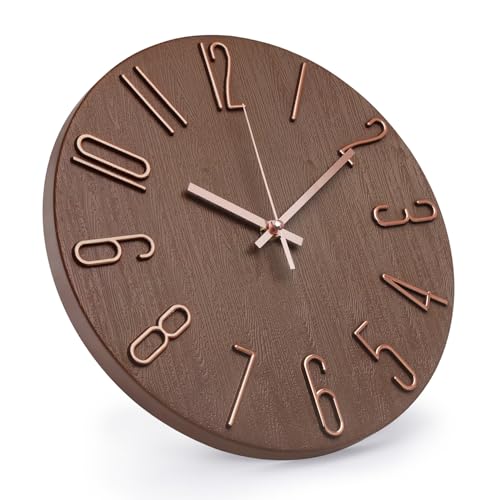 bakbrand Wall Clock 12 Inch Silent Non-Ticking Imitation Wood Indoor Clock Round Brown Decor Clock Modern 3D Figures Quartz Wall Clocks for Home, Hotel, Office, School - Image 2