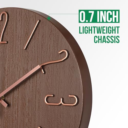 bakbrand Wall Clock 12 Inch Silent Non-Ticking Imitation Wood Indoor Clock Round Brown Decor Clock Modern 3D Figures Quartz Wall Clocks for Home, Hotel, Office, School - Image 4