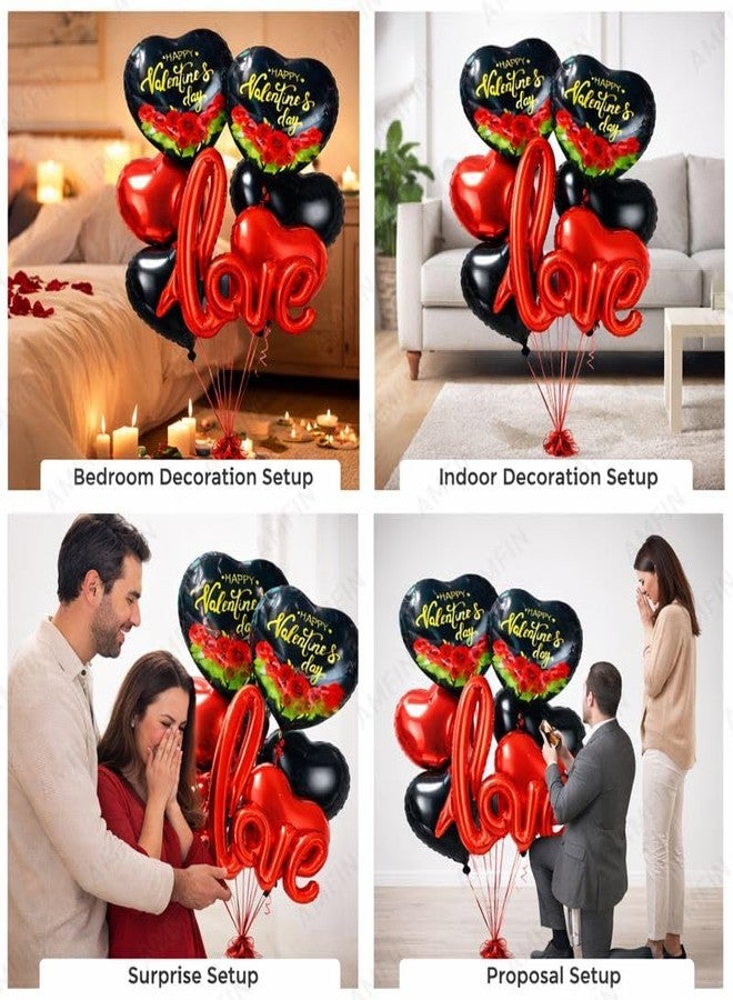 AMFIN باقة بالونات فويل من AMFIN (عبوة من 7 بالونات) لعيد الحب، بتصميم قلب مكتوب بخط أنيق، قطعة ديكور رومانسية - أحمر وأسود - Image 4