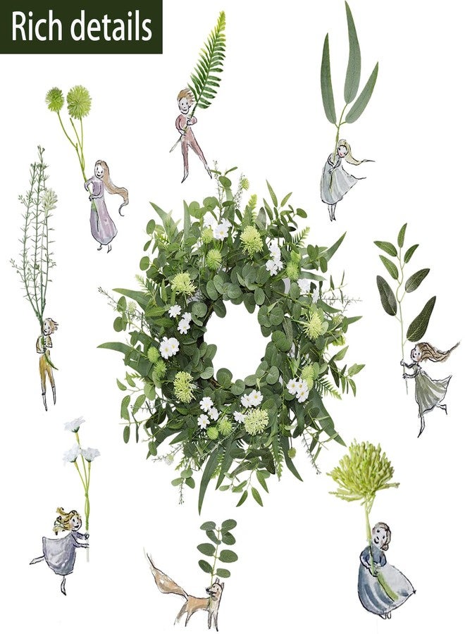 BINFEN 22"-24" Green Eucalyptus Wreath for Front Door with White Flowers - Lifelike Spring, Summer, Fall, and Winter Farmhouse Home Decor for Porch, Window, Wall, and Fireplace - Image 2