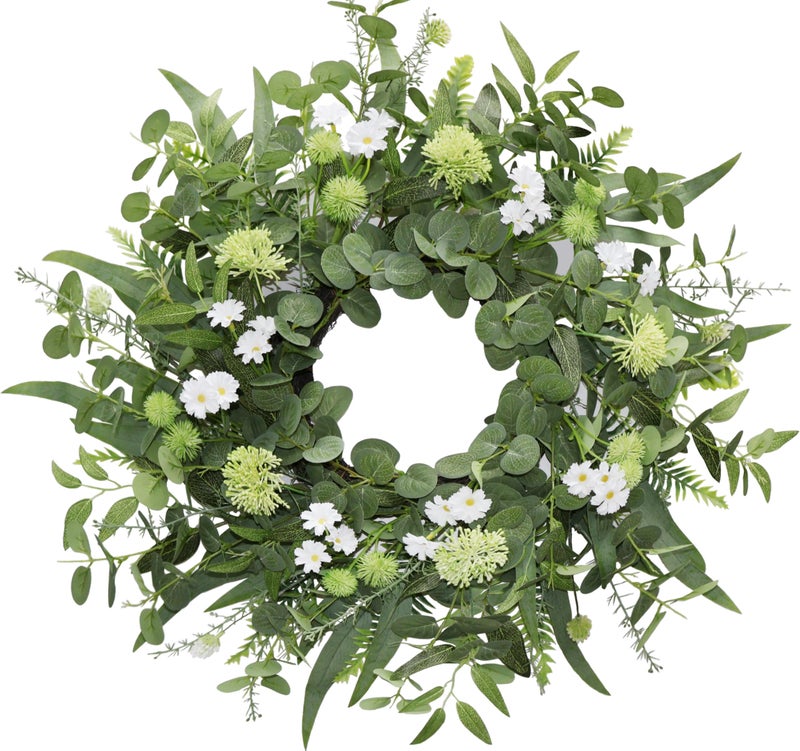 BINFEN 22"-24" Green Eucalyptus Wreath for Front Door with White Flowers - Lifelike Spring, Summer, Fall, and Winter Farmhouse Home Decor for Porch, Window, Wall, and Fireplace - Image 1