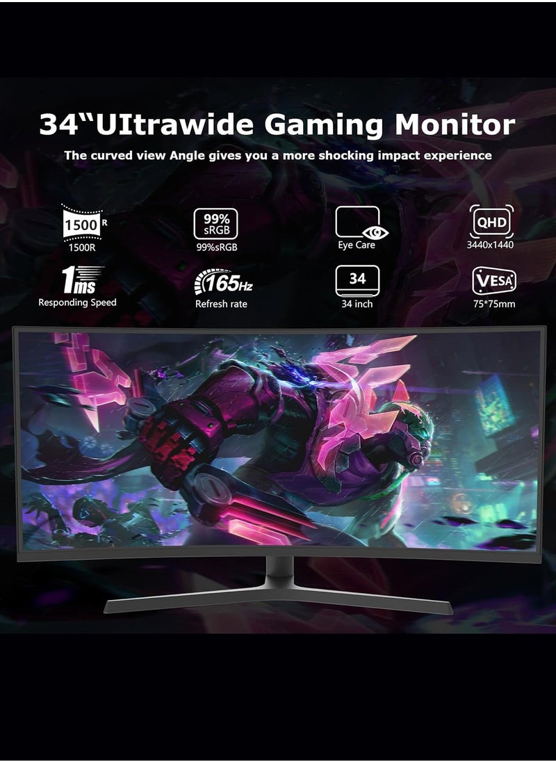 HILUKE 34-inch Curved Ultrawide Gaming Monitor, 165Hz, UWQHD (3440x1440), 1500R - PIP, 1ms MPRT, HDR, 300 nits, 99% sRGB, FreeSync,Dual HDMI 2.0,Dual DP 1.4,Eye Care,Height-Adjustable Stand.  - Image 5