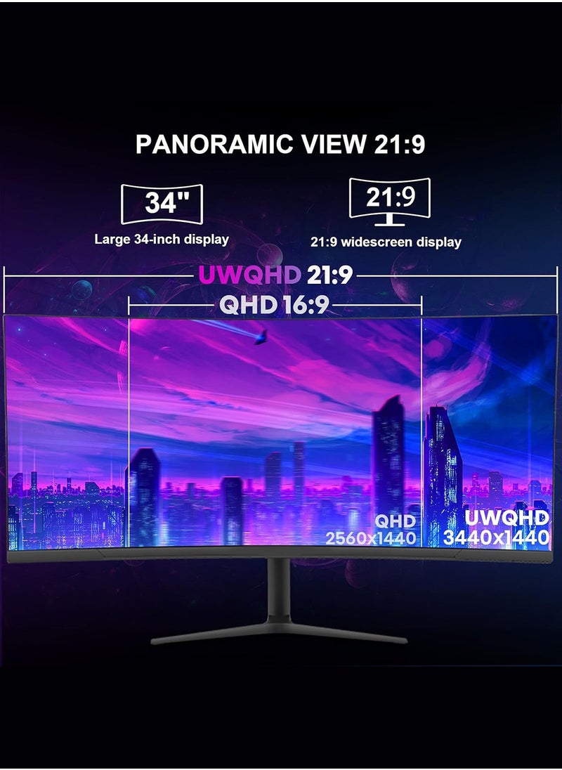 HILUKE 34-inch Curved Ultrawide Gaming Monitor, 165Hz, UWQHD (3440x1440), 1500R - PIP, 1ms MPRT, HDR, 300 nits, 99% sRGB, FreeSync,Dual HDMI 2.0,Dual DP 1.4,Eye Care,Height-Adjustable Stand.  - Image 4