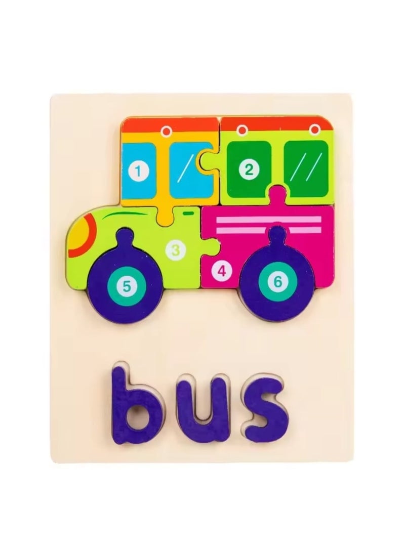 اي ديد بازل خشبي تعليمي للأطفال - شكل أتوبيس ملونة بالأرقام والحروف - 6 قطع - مقاس 15×18 سم
