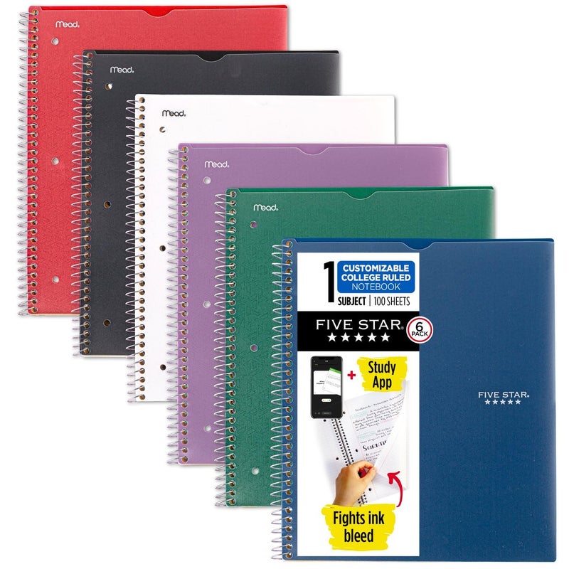 Five Star Spiral Notebook + Study App, 6 Pack, 1 Subject, College Ruled, 8-1/2" x 11", 100 Sheets, Fights Ink Bleed, Customizable Water Resistant Cover, Assorted Colors (820045-ECM) - Image 1