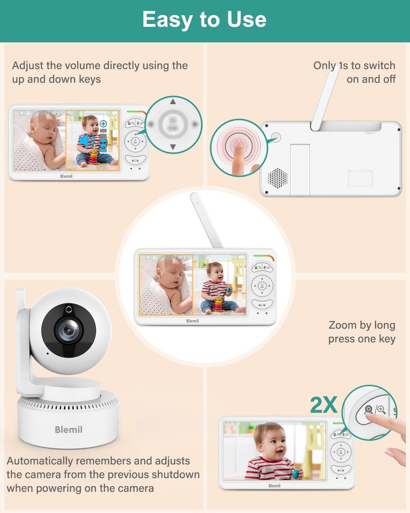 Blemil 6 Baby Monitor with 2 Cameras 4000mAh Battery Upgrade Split Screen Video Baby Monitor No WiFi Remote PanTiltZoom AutoNight Vision 150 Languages ECO Mode 2Way Talk 1000FT Ideal Condition - Image 4