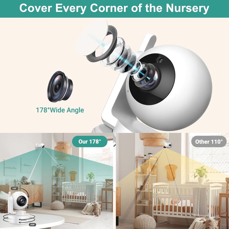 Blemil 6 Baby Monitor with 2 Cameras 4000mAh Battery Upgrade Split Screen Video Baby Monitor No WiFi Remote PanTiltZoom AutoNight Vision 150 Languages ECO Mode 2Way Talk 1000FT Ideal Condition - Image 3