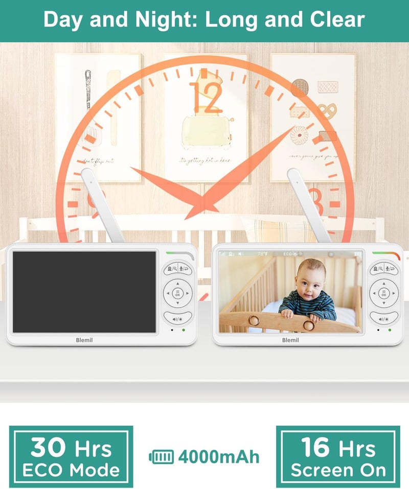 Blemil 6 Baby Monitor with 2 Cameras 4000mAh Battery Upgrade Split Screen Video Baby Monitor No WiFi Remote PanTiltZoom AutoNight Vision 150 Languages ECO Mode 2Way Talk 1000FT Ideal Condition - Image 5