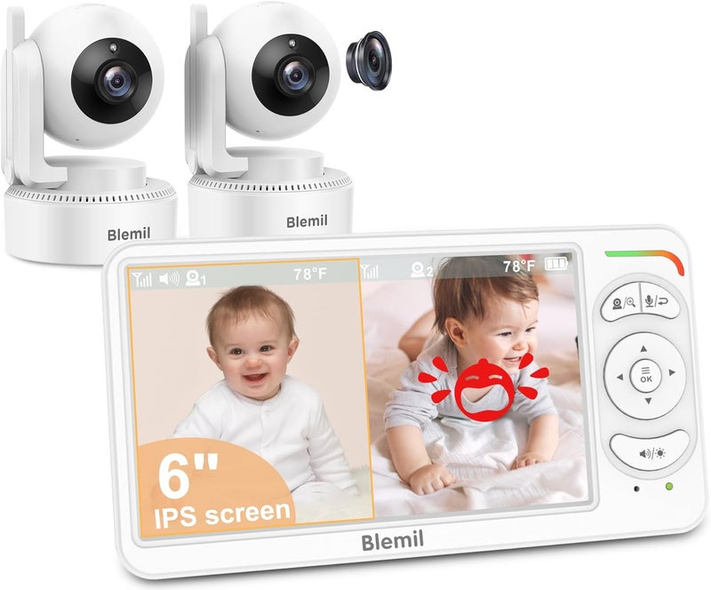 Blemil 6 Baby Monitor with 2 Cameras 4000mAh Battery Upgrade Split Screen Video Baby Monitor No WiFi Remote PanTiltZoom AutoNight Vision 150 Languages ECO Mode 2Way Talk 1000FT Ideal Condition - Image 1