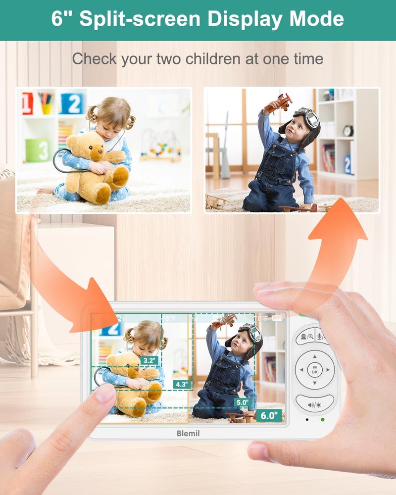 Blemil 6 Baby Monitor with 2 Cameras 4000mAh Battery Upgrade Split Screen Video Baby Monitor No WiFi Remote PanTiltZoom AutoNight Vision 150 Languages ECO Mode 2Way Talk 1000FT Ideal Condition - Image 2