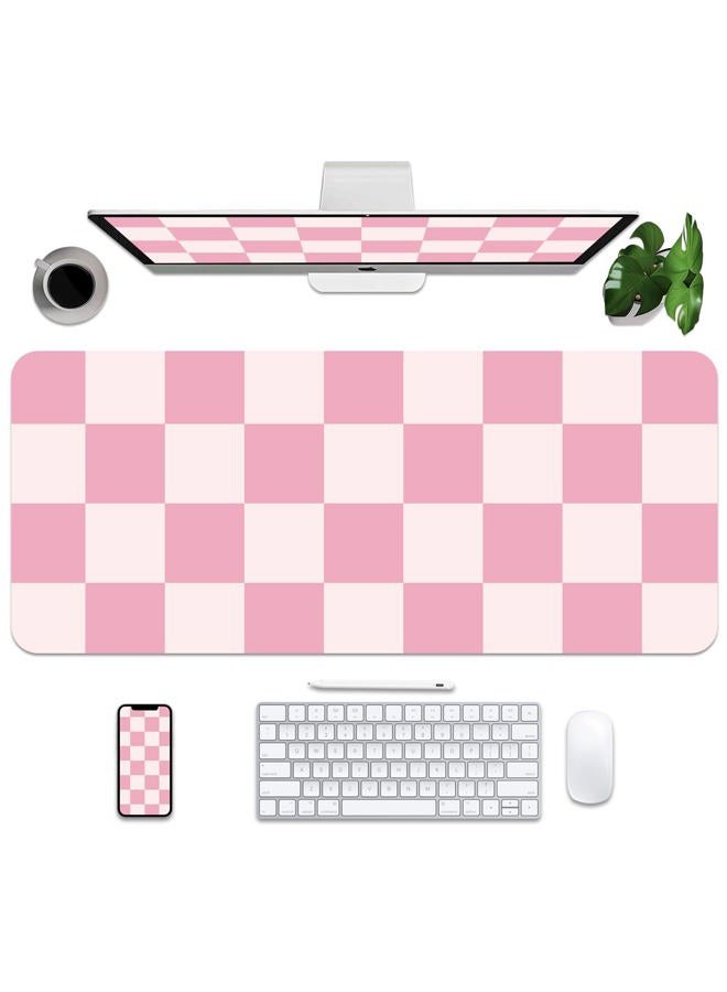 BLESWIN Large Desk Mat with PU Leather 35.4" x 15.7", Non-Slip Office Desk Pad, Waterproof Desk Writing Pad for Office and Home (Pink Plaid, 35.4 x 15.7 in) - Image 1